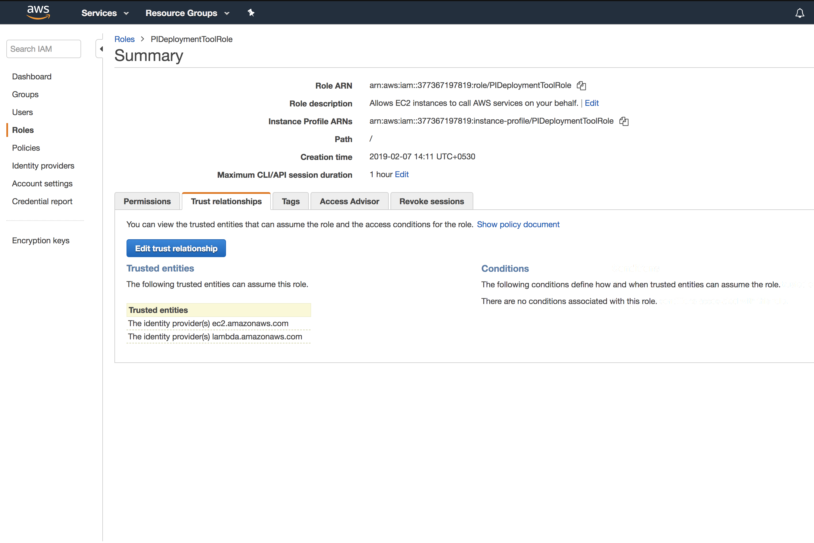 A screenshot of the Trust relationships tab on the Roles > Summary page.