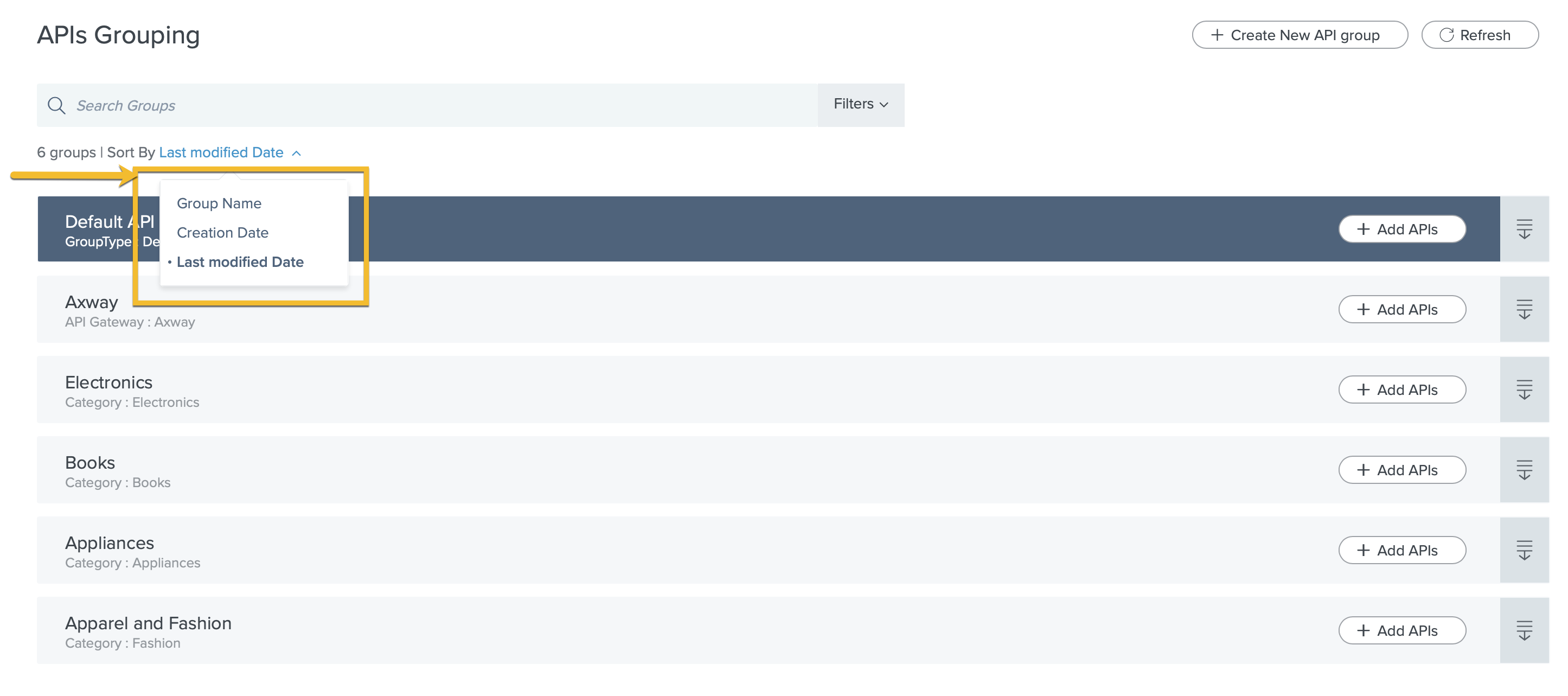 Screen capture of PingIntelligence API group sorting, group name, creation date, and last modified date showing.