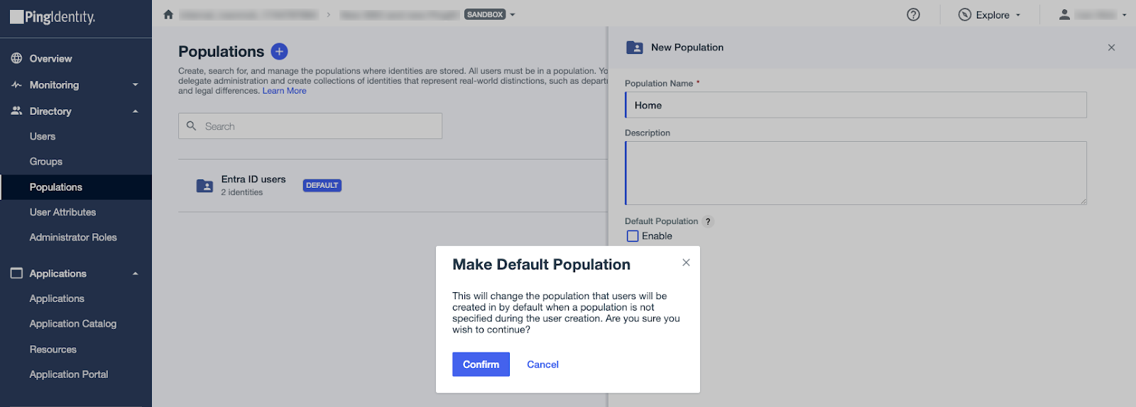 A screen capture of the New Population with the Make Default Population confirmation message showing.