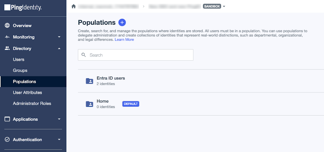 A screen capture of the Populations page with two populations: Entra ID users and Home.