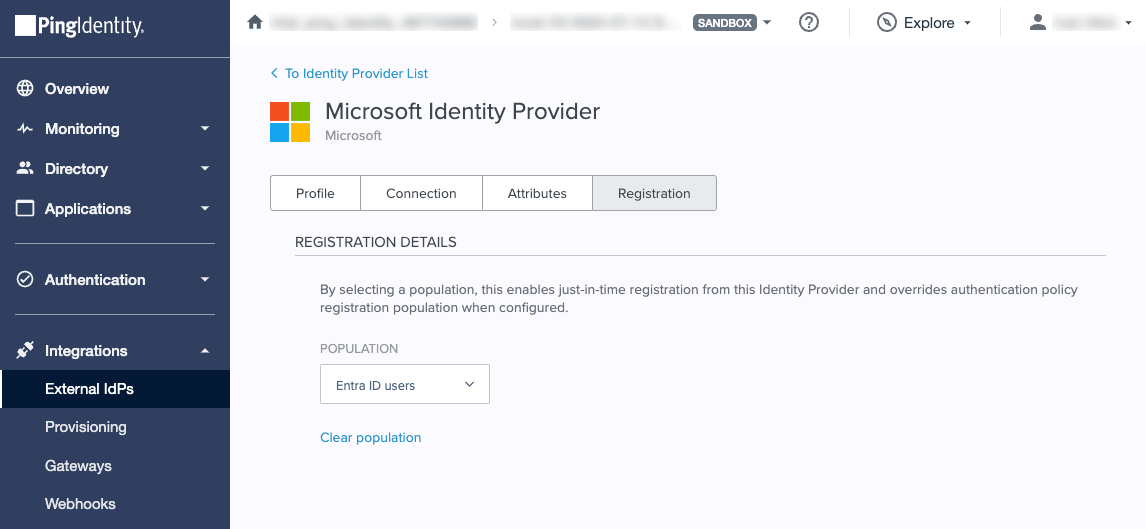 A screen capture of the Microsoft Identity Provider connection with the Entra ID users population selected.