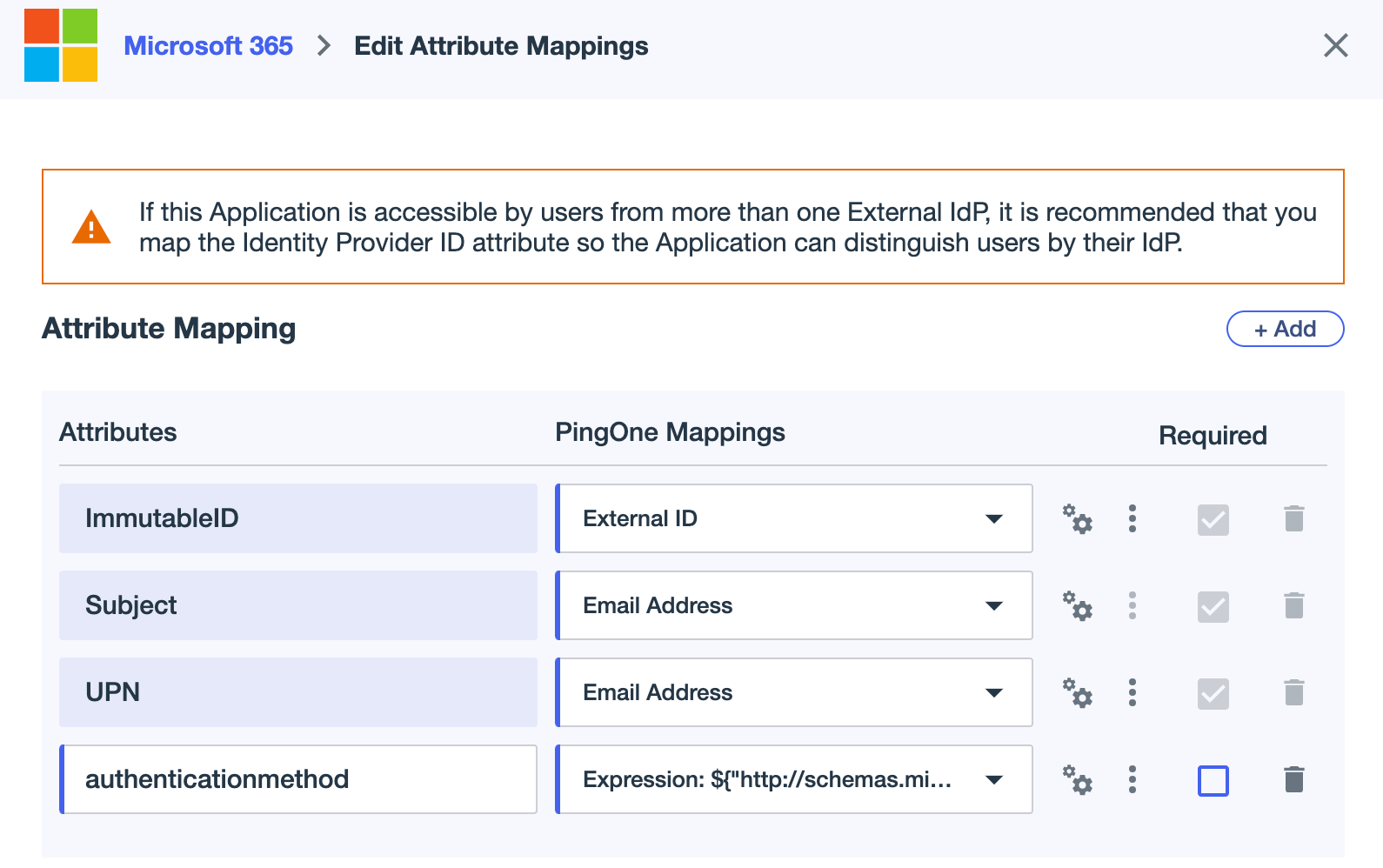 A screen capture of the Microsoft 365 Editing Attribute Mappings modal with a new attribute for authenticationmethod.