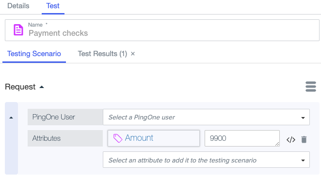 Screen capture of the Testing Scenario tab showing a request with the Amount attribute set to a value of 9900.