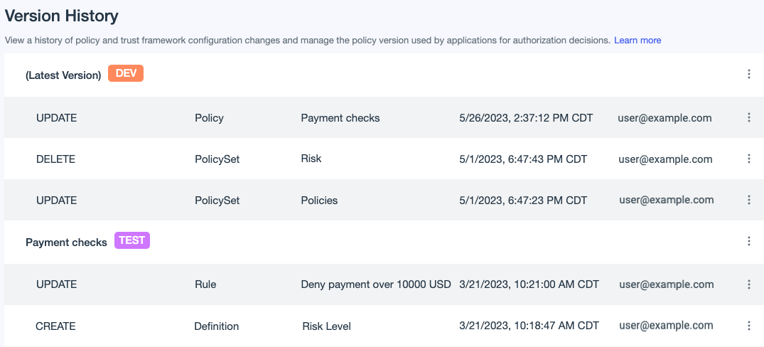 Screen capture of Version History showing the type of change, entity type, entity name, timestamp, and the user’s email address for each version.