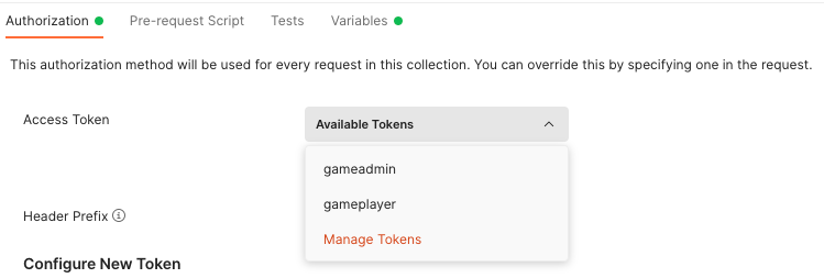 Screen capture of the Authorization tab in Postman showing available tokens.