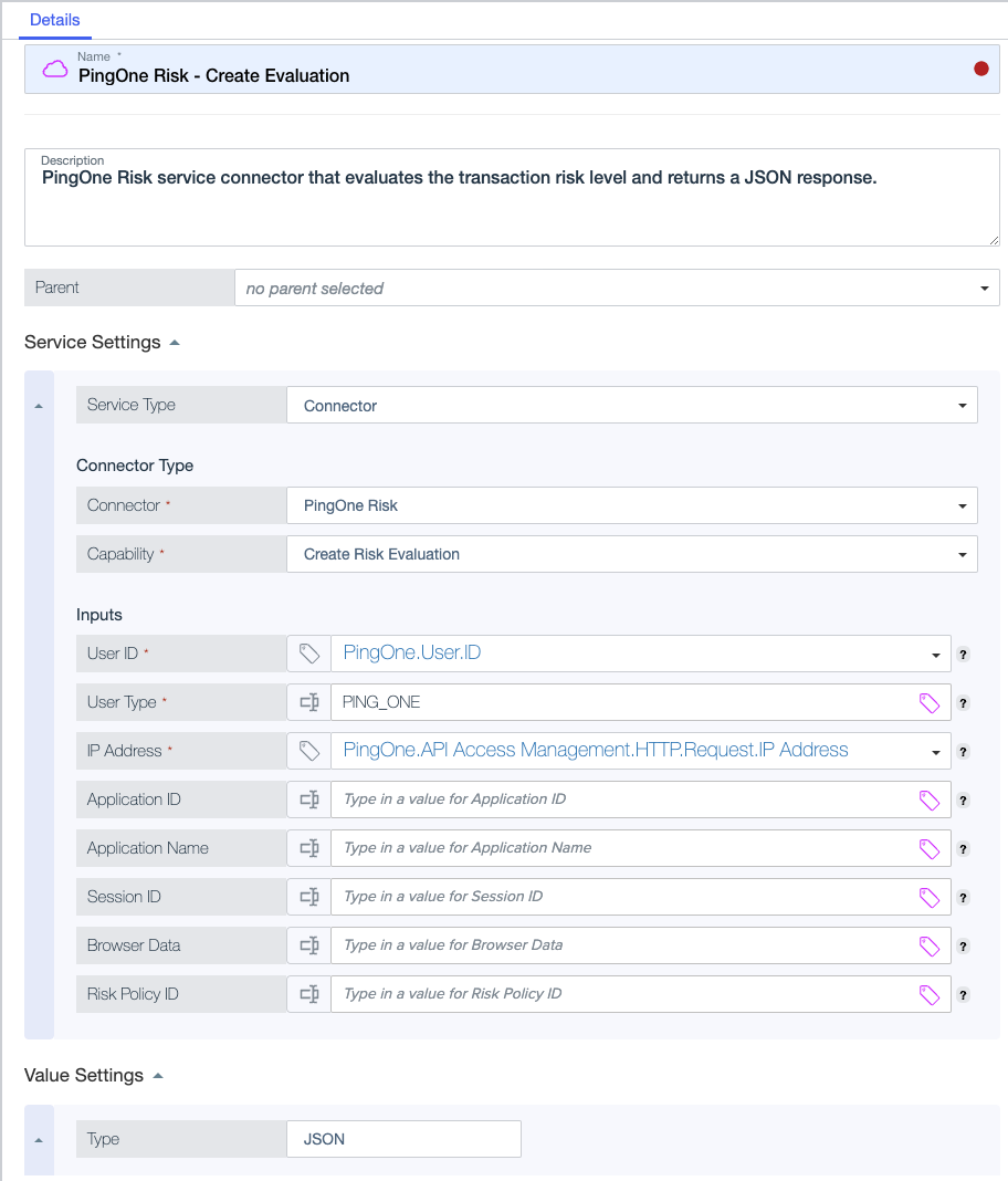 Screen capture showing a risk service Connector with required inputs completed, including the User ID, User Type, and IP Address.