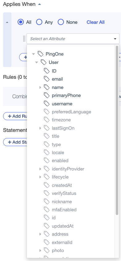 Screen capture showing User attributes that you can generate in a gray font.