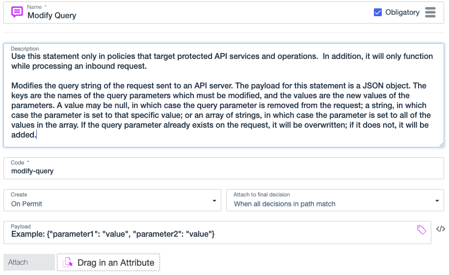 Screen capture showing the Modify Query statement, including the statement name, description, code, payload, and the kinds of decisions the statement applies to.