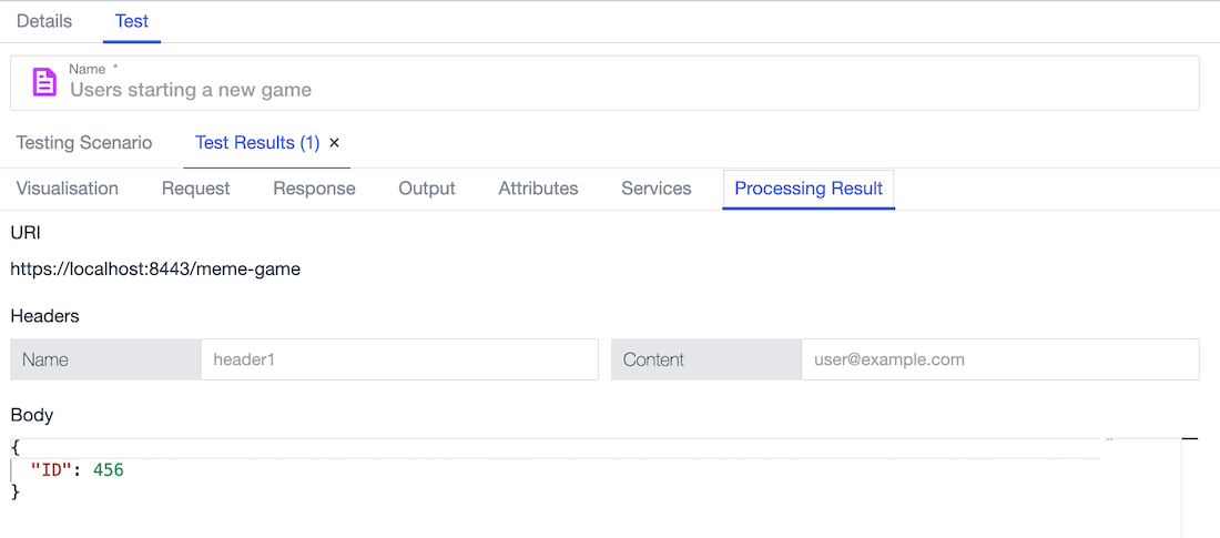 Screen capture of the Processing Result tab in the test suite displaying the transformed API request payload