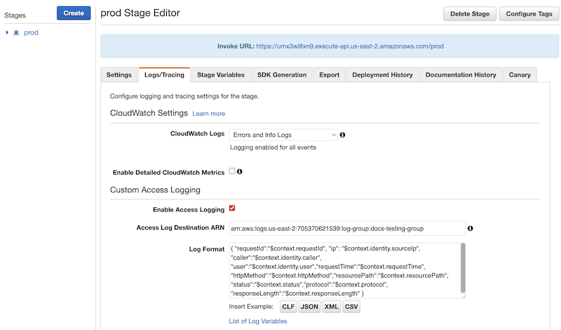 Screen capture of a custom access logging configuration in the Logs/Tracing tab of the CloudWatch Logs editor