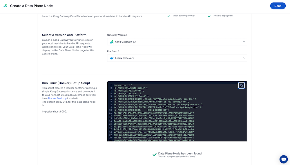 Screen capture of the 'Create a Data Plane Node' screen confirming deployment of the configured Data Plane Node.