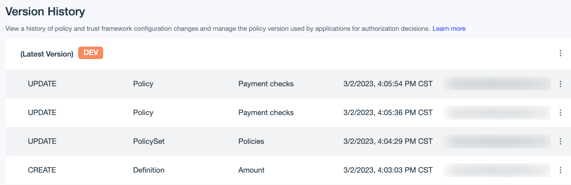 Screen capture of Version History showing updates made to the latest versions published to the Dev endpoint.