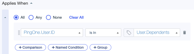 Screen capture showing a condition comparing a Uesr ID attribute to a Dependents attribute using the Is In comparator.