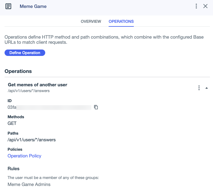 Screen capture of the Operations tab in API Services showing the new operation.