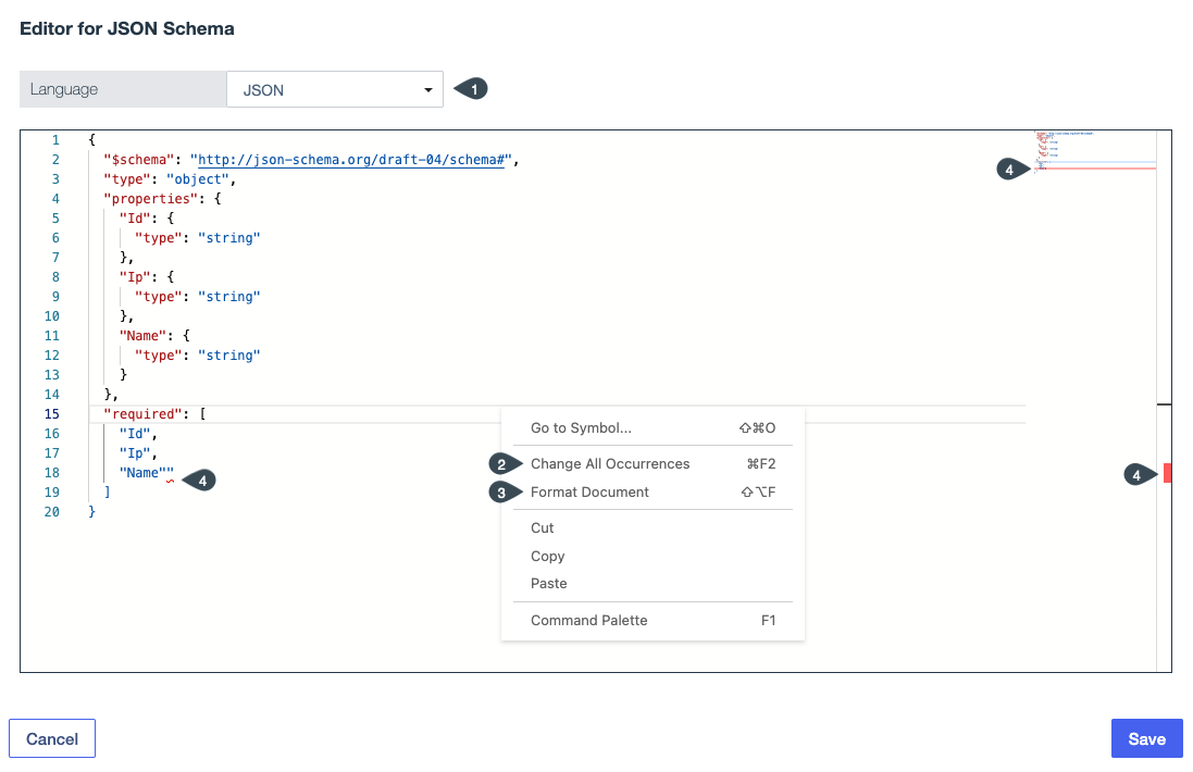 Screen capture of the code editor set to JSON with feature callouts