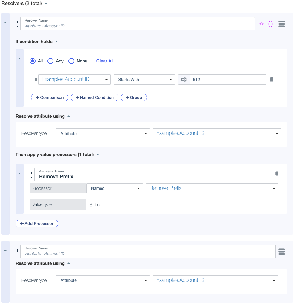 Screen capture showing an attribute resolver with a condition that identifies Account IDs that begin with a 512 prefix and a processor that removes the prefix.