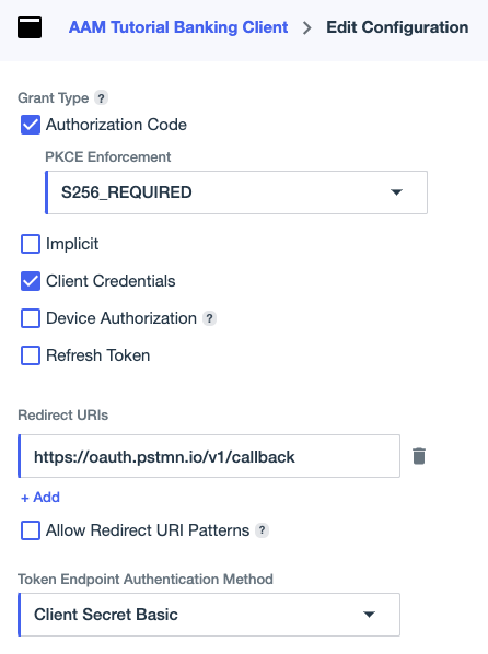 Screen capture showing the Client Credentials checkbox, Redirect URIs field, and the Token Endpoint Authentication Method list for the banking application.