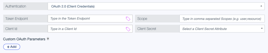 Screen capture showing the Token Endpoint, Scope, Client Id, and Client Secret settings for OAuth 2.0 Client Credentials authentication.