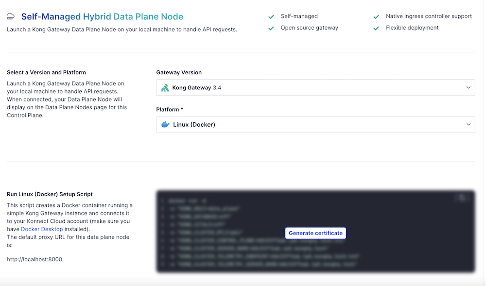 Screen capture of the 'Self-managed Hybrid Data Plane Node' screen.