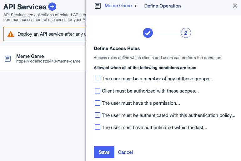 Screen capture of the Define Operation window showing Define Access Rules settings.