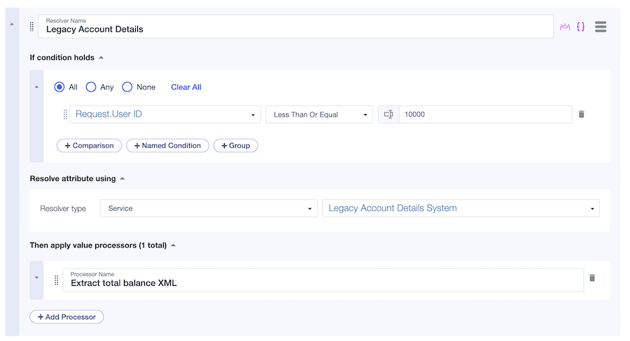 Screen capture of the Legacy Account Details resolver with a condition comparing the Request.User ID attribute to 10000, a Service resolver type calling to the Legacy Account Details System, and a final value processor