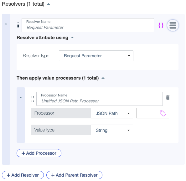 Screen capture showing processor fields in the Then apply value processors section of a resolver.