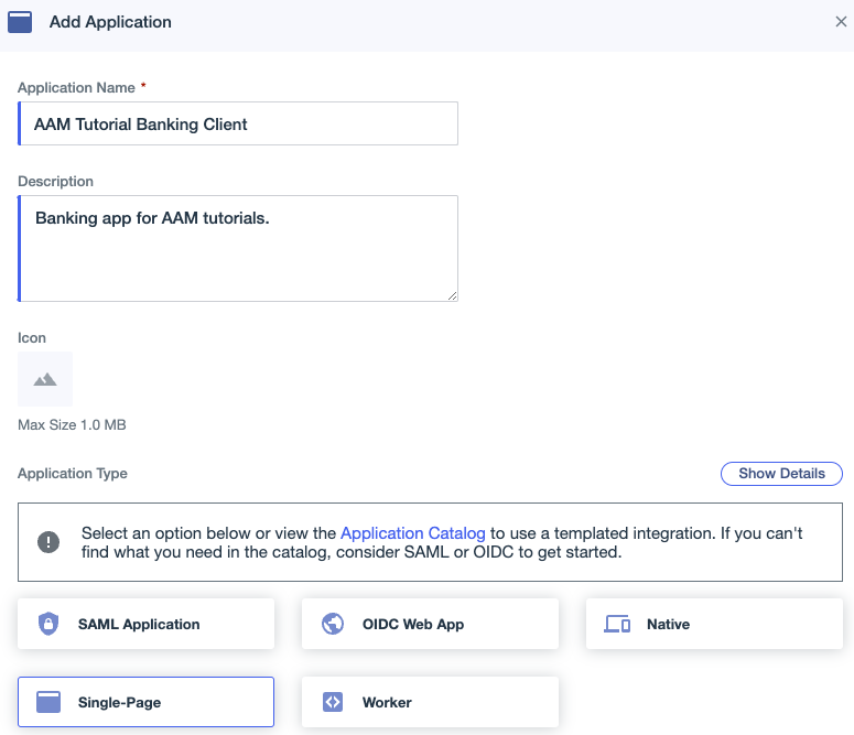 Screen capture of the Name and Description fields and the Application Type options for a new application in PingOne.