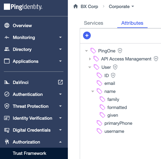 Screen capture of the Attributes tab in the PingOne Authorize Trust Framework showing the User and ID attributes nested under the PingOne parent attribute.