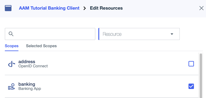 Screen capture of Edit Resources showing the available scopes for the banking application.