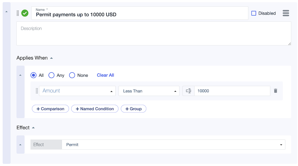 Screen capture of the Permit payments up to 10000 USD rule showing the comparison to determine if the payment amount is less than 10000.