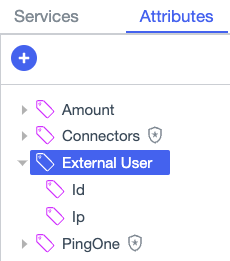 Screen capture showing generated Id and Ip attributes nested under the External User attribute on the Attributes tab