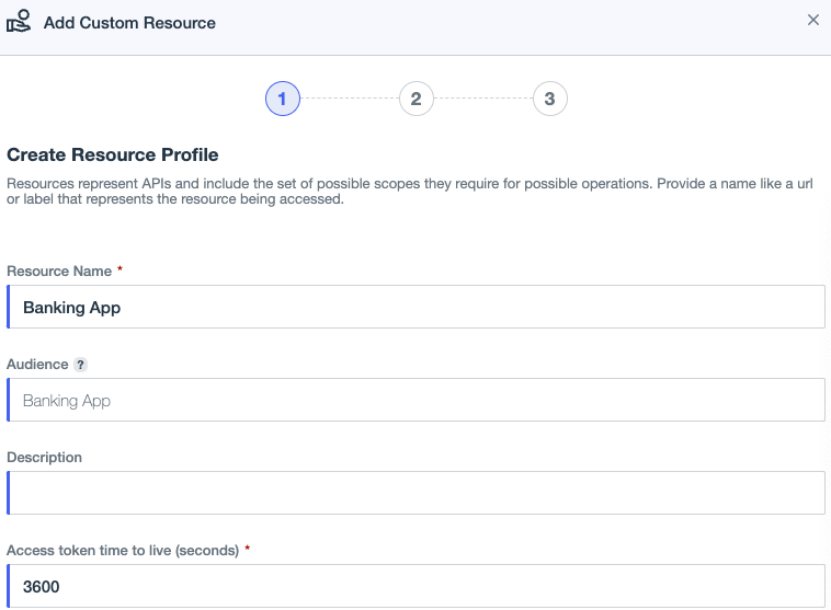 Screen capture of the Create Resource Profile step in PingOne showing the Resource Name, Audience, Description, and Access token time to live fields.