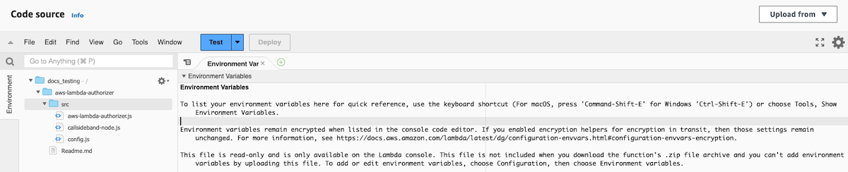 Screen capture of the Lambda function code editor with the AWS integration kit .zip archive uploaded.