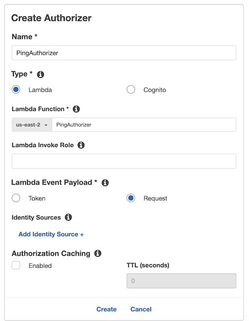 Screen capture of a sample configuration for a Lambda authorizer created on the basis of a Lambda function.