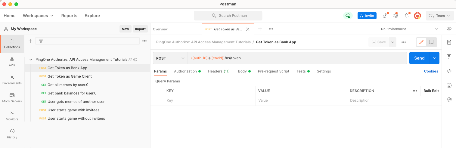 Screen capture of the Get Token as Bank App request in Postman.