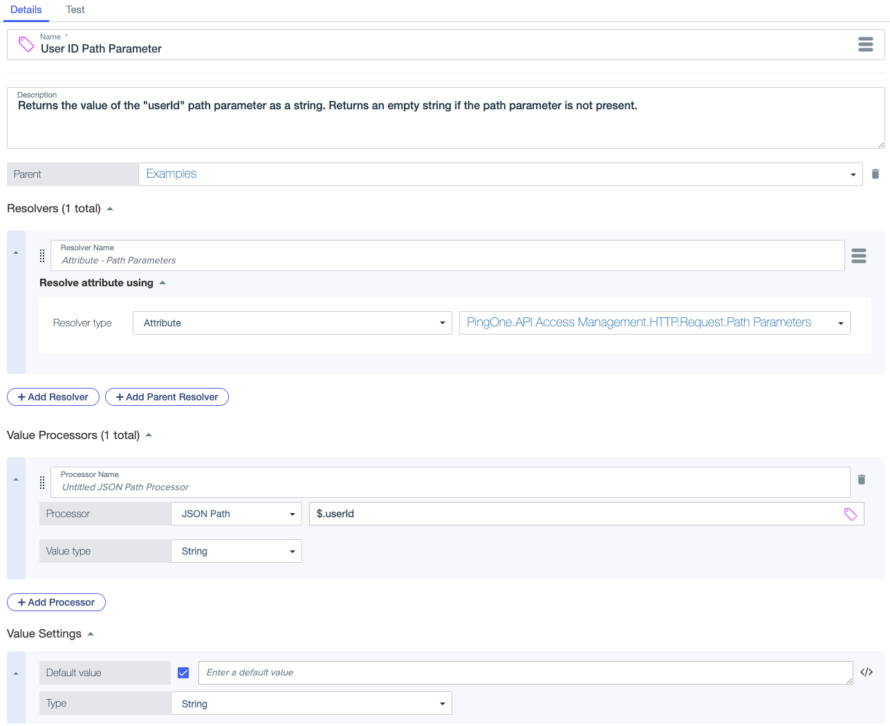 Screen capture showing a resolver for the API Access Management Path Parameters attribute working with a JSON Path processor to extract the user ID from the decision request URL.