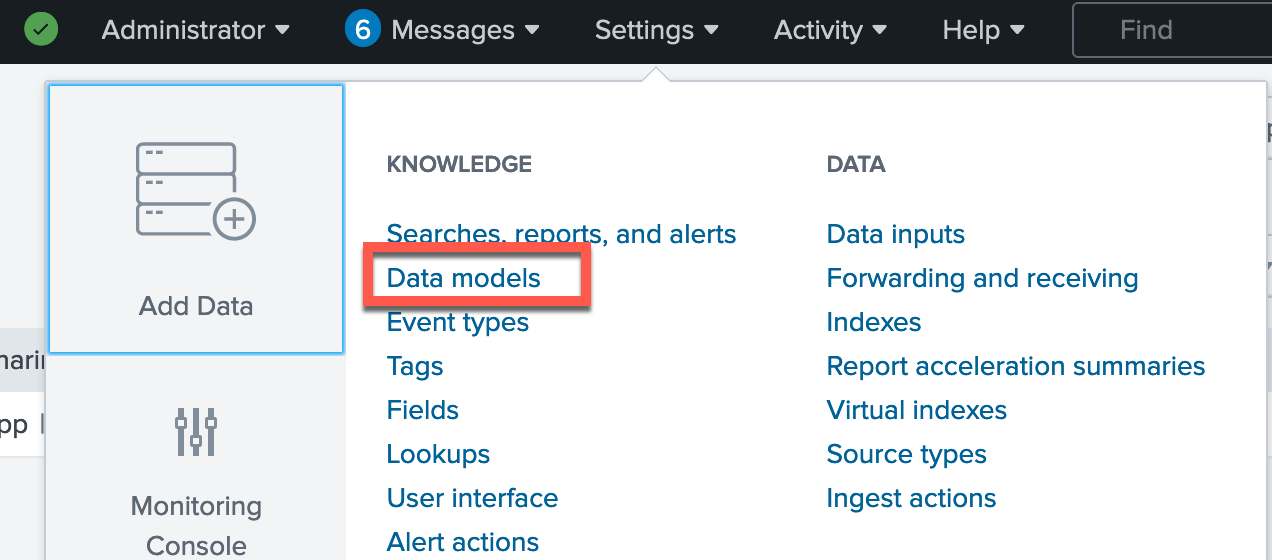 A screen capture of the Splunk Settings menu with a red box around Data mdoels.