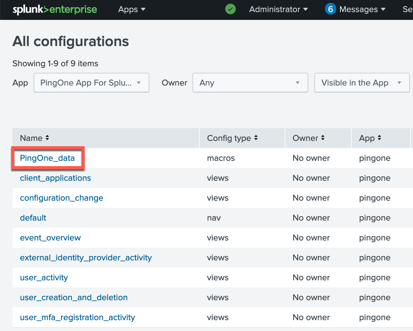 A screen capture of the Splunk All configurations page filtered on PingOne App For Splunk with a red box around the PingOne_data macro.