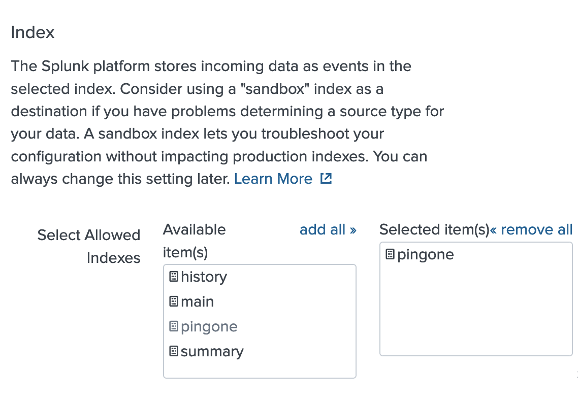 A screen capture of the Splunk Index page with 'pingone' as the selected index.