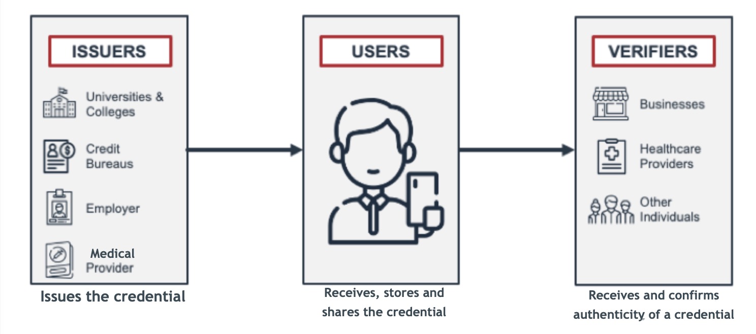 Illustration showing examples of issues, such as universities, credit bureaus, and vaccine providers, verifiers, such as businesses, healthcare providers, and other individuals, with the user at the center, using the compatible wallet app to receive credentials from issuers, store them securely in the wallet app, and share details with verifiers.