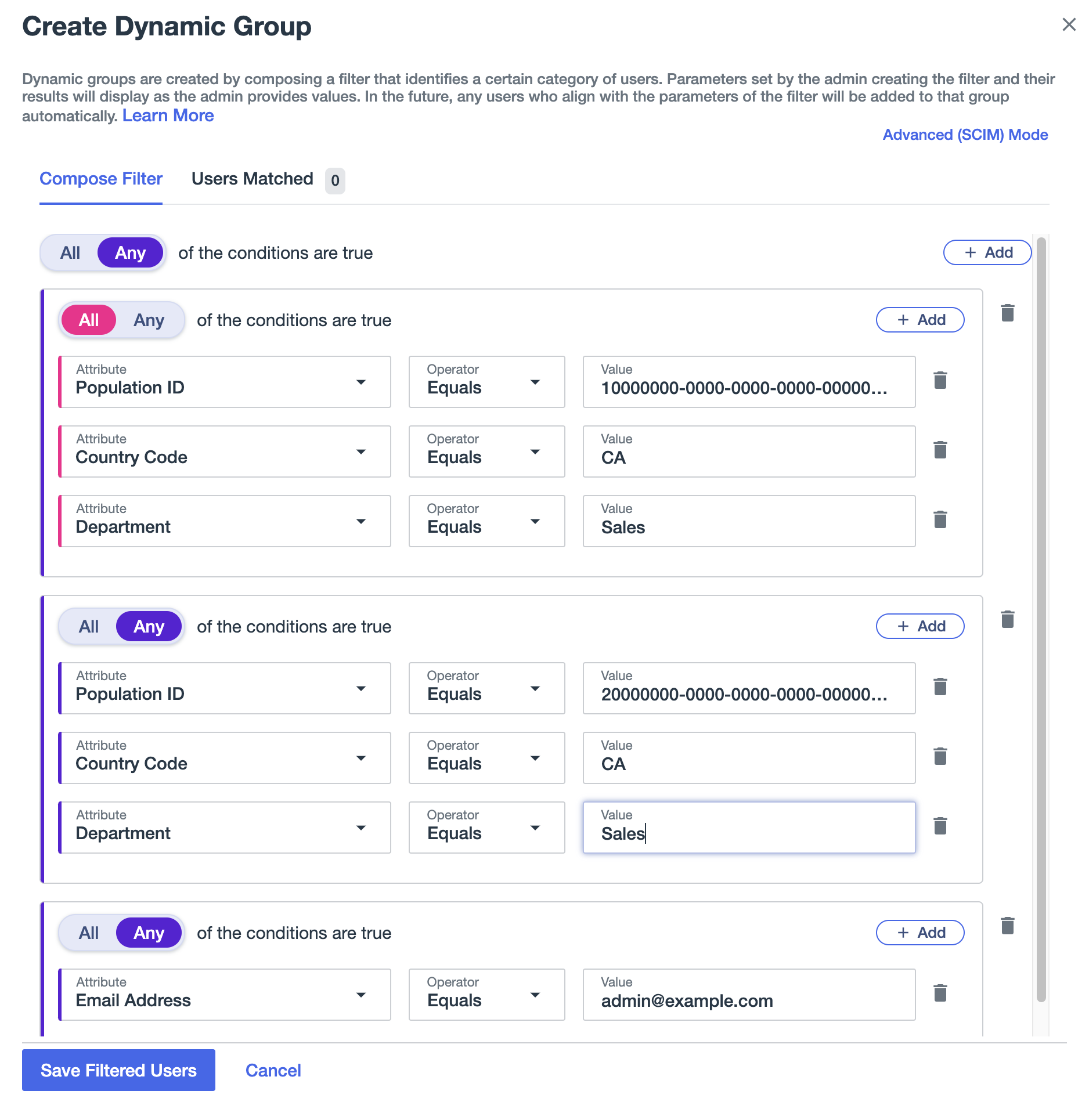 A Screen Capture of the Create Dynamic Group page showing a filter of All and Any with the Attributes Population ID, Country Code, Department and Email Address.