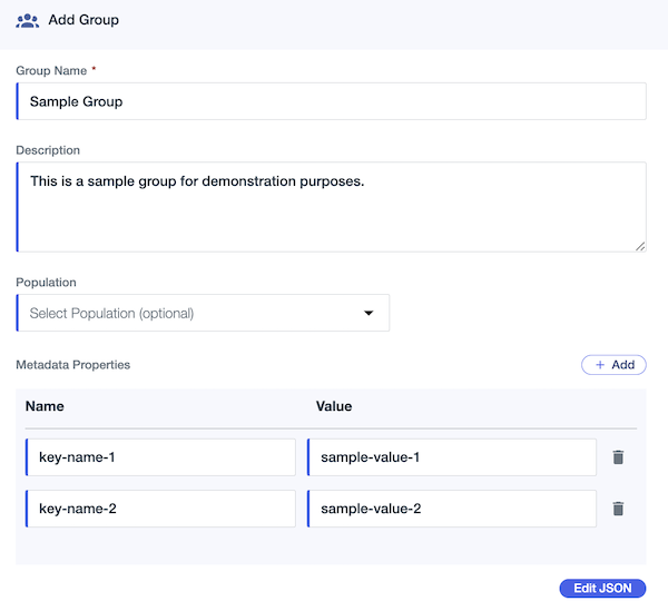 Screen capture of the Add Group wizard with the Metadata Properties populated with two values