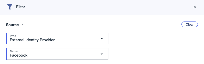 A screen capture of the Groups Filter panel with External Identity Provider selected for Type and Facebook selected for Name.