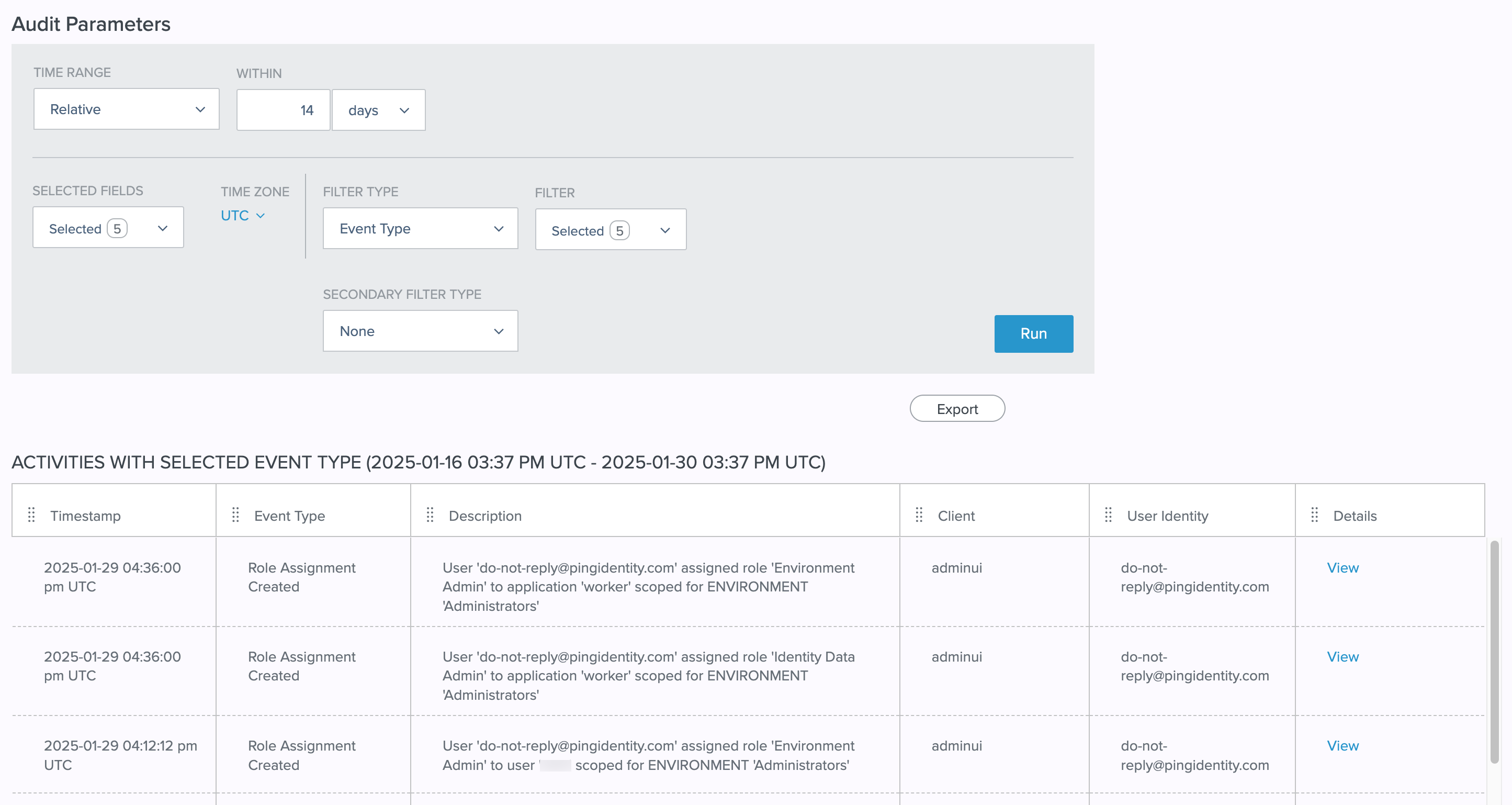 A screen capture of a sample Audit report generated by clicking Role Activity Log on the Administrator Roles page.