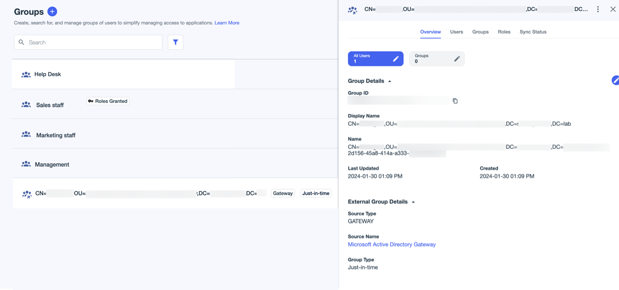 A screenshot showing the Groups page with several internal groups and one external group. The details pane for the external group is open on the right.