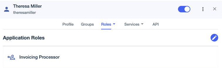 Screen capture of the Application roles tab showing the Invoicing Processor role assigned to Theresa Miller.