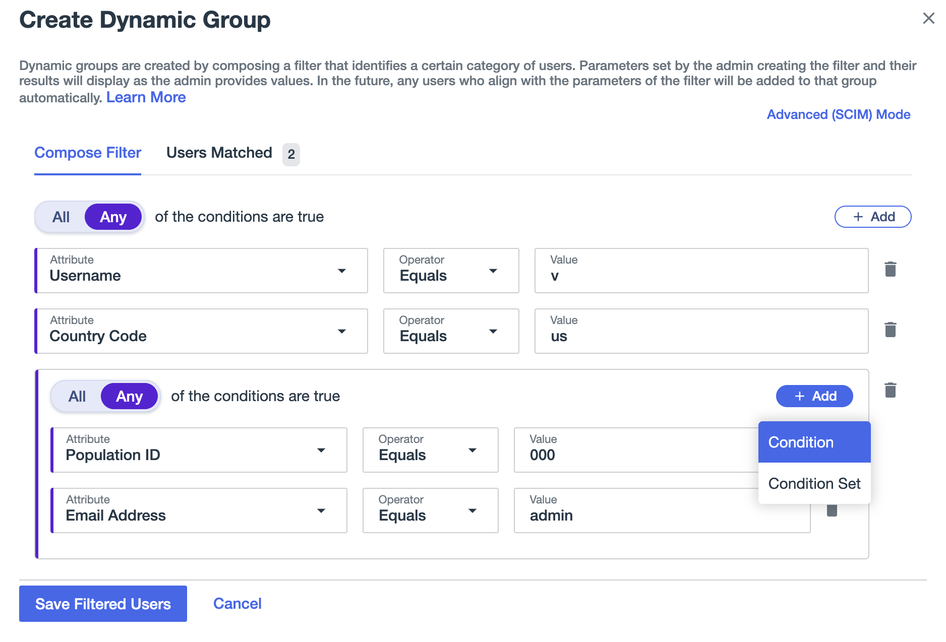 A screen capture of Create Dynamic Group page, showing a condition or filter that identifies a certain category of users.