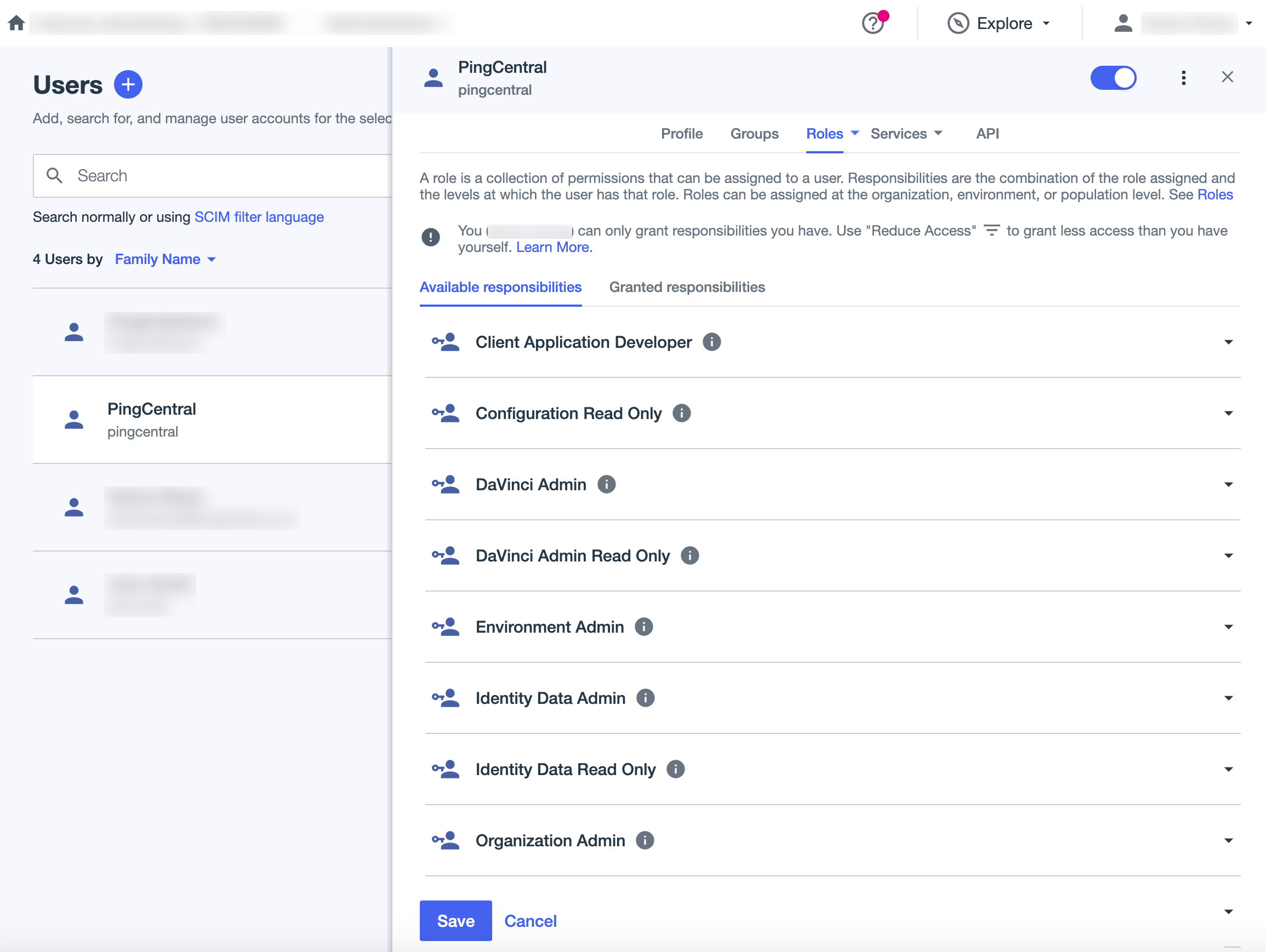 A screen capture of the roles tab in the user details panel, which shows available and granted responsibilities.