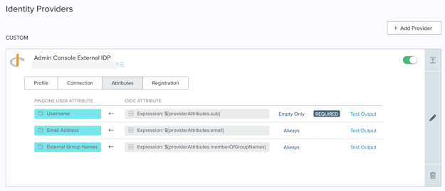 Screen capture showing the mapping of the Username, Email Address, and External Group Names attributes in PingOne to the corresponding attributes in an external IdP.