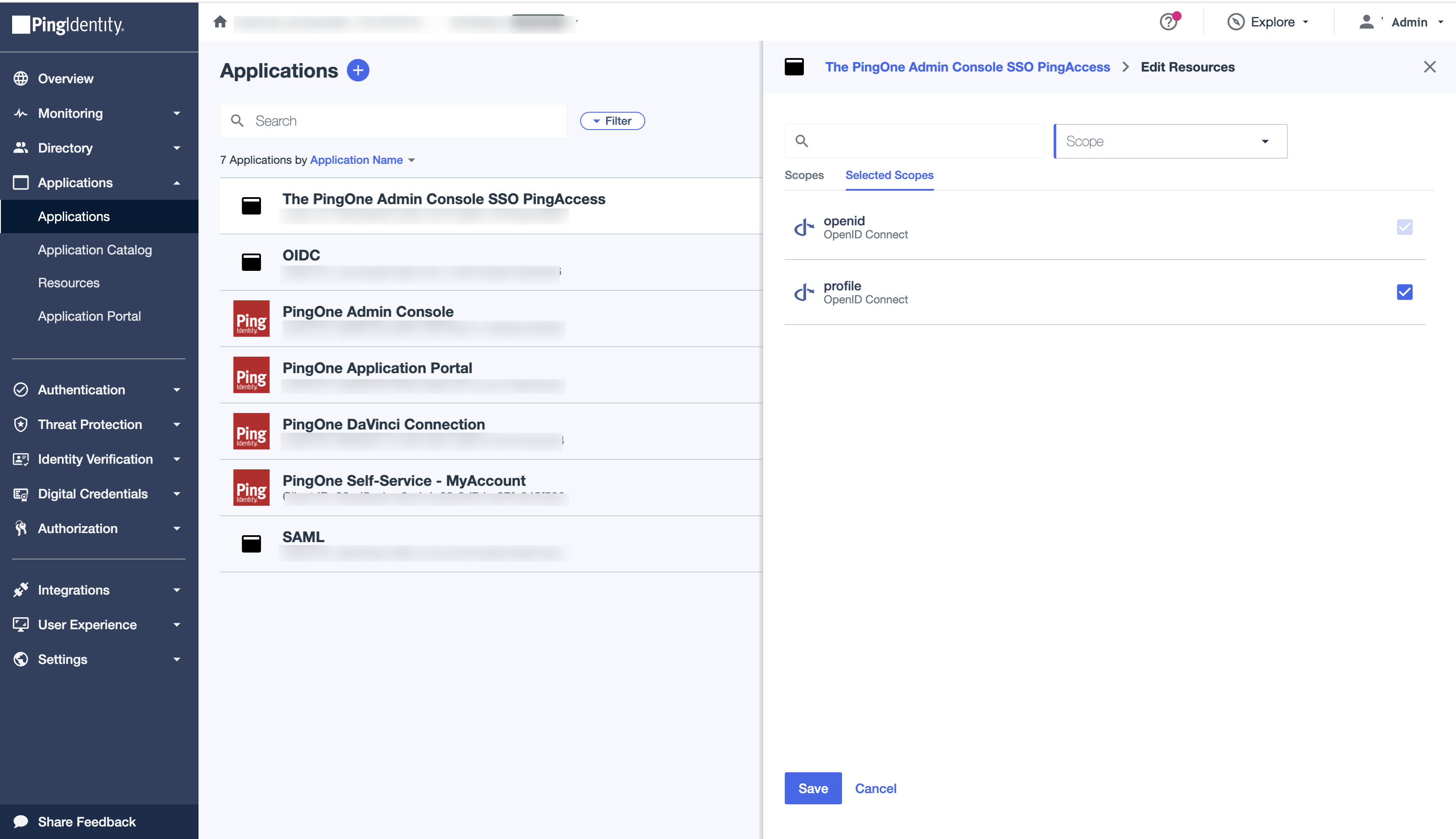 A screen capture of the Edit Resources page displaying the email and profile scopes in the list of allowed scopes.